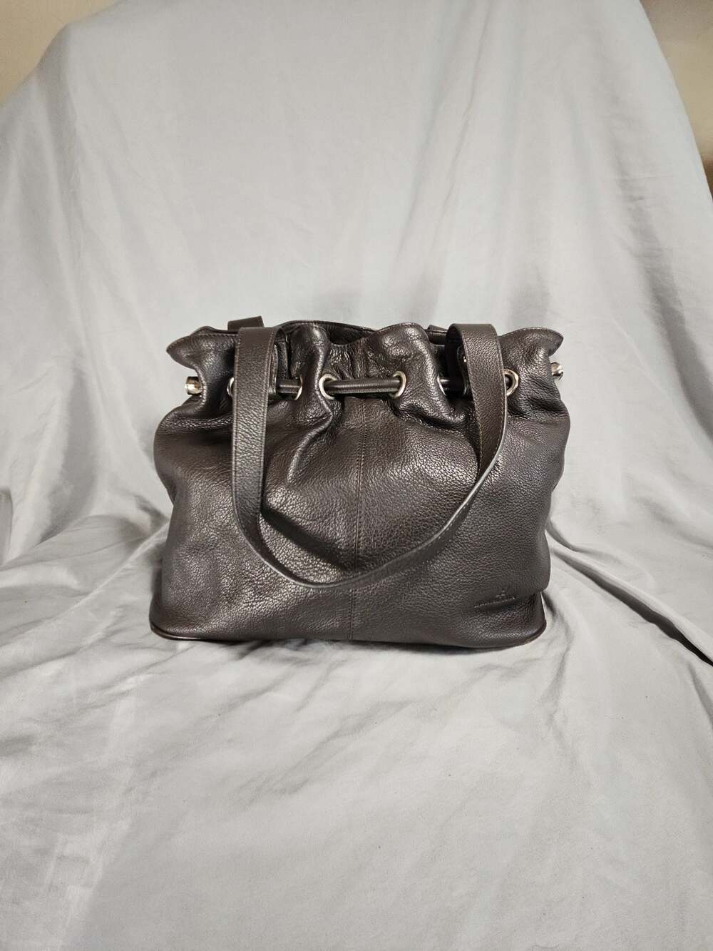 Hexagona Brown Pebbled Leather Drawstring Shoulder Bag